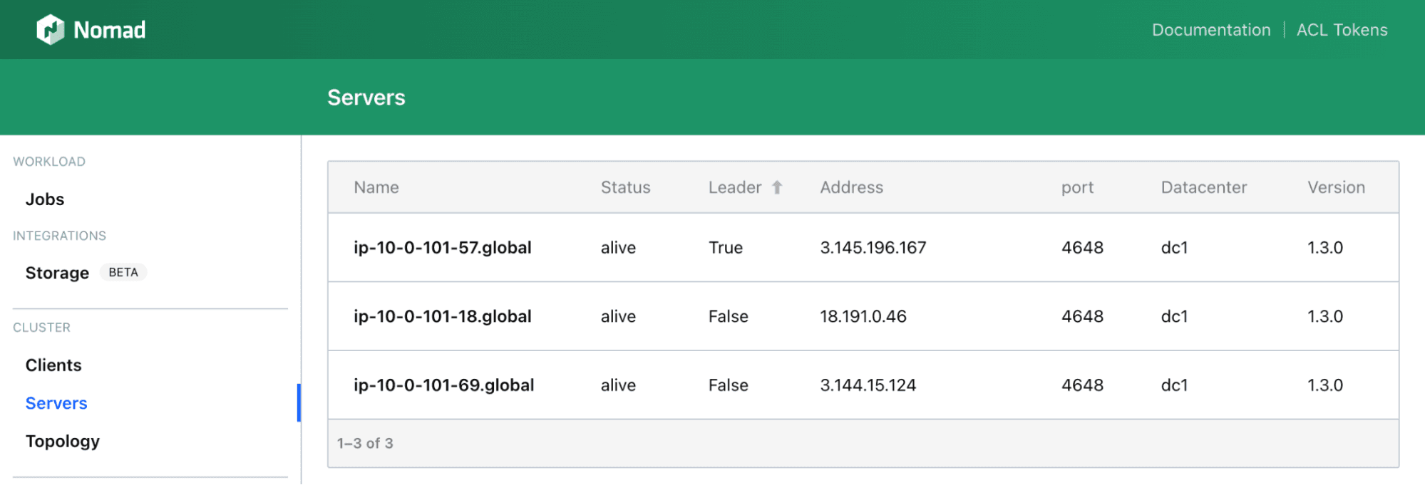 Nomad UI shows three nodes in Nomad server cluster